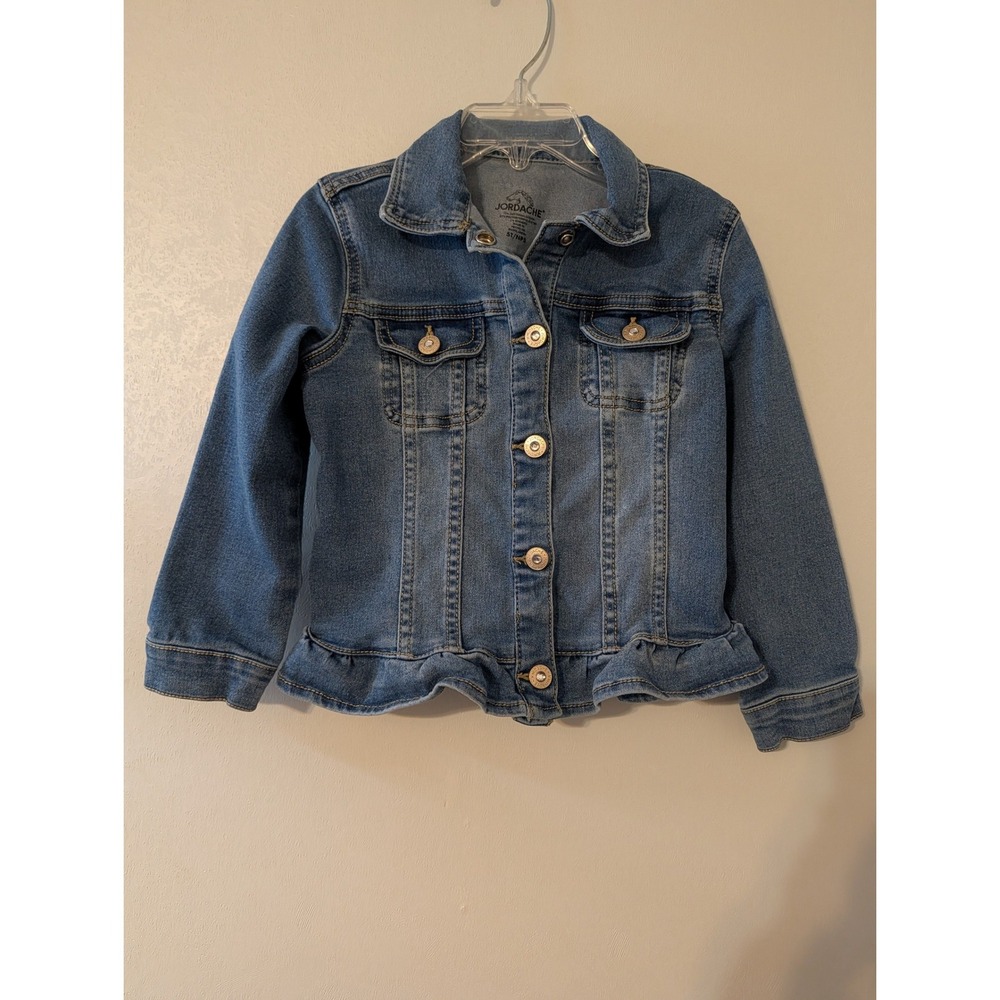 Jordache‎ Girls Blue Denim Peplum Ruffle Hem Jean Jacket Size 5T Medium Wash